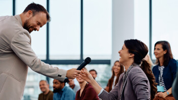 Cheerful moment between speaker and audience